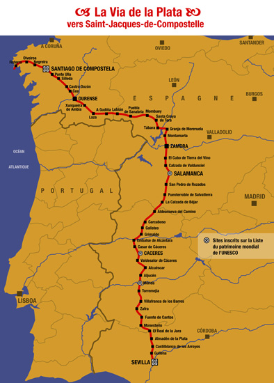 Voie de Compostelle - La Via de la Plata relie Sevilla à Santiago en passant par Merida (Jonction Mozarabe), Caceres, Salamanca, Zamora et Ourense. Au nord, la voie est appelée voie Sanabraise passant par Pueblo de Sanabria